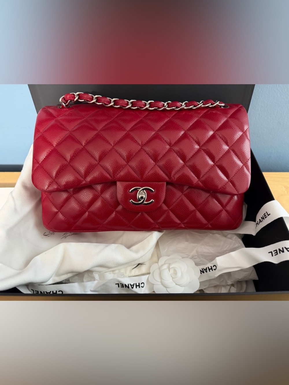 CHANEL 12A Lipstick Red Quilted Caviar Leather Double Flap Jumbo Shoulder Bag